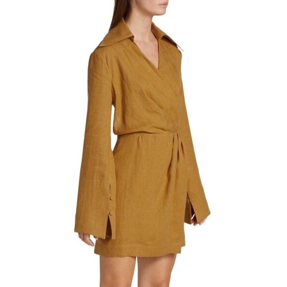 Nanushka Esma Linen Mini Dress Size XS Camel Long Sleeve Quiet Luxury Neutral - Picture 5 of 13